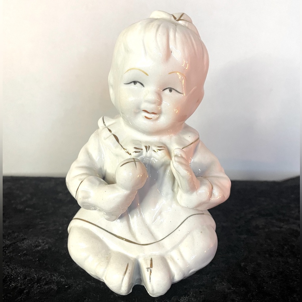 Vintage Baby Girl Figurine w/Rattle White w/Gold Accents